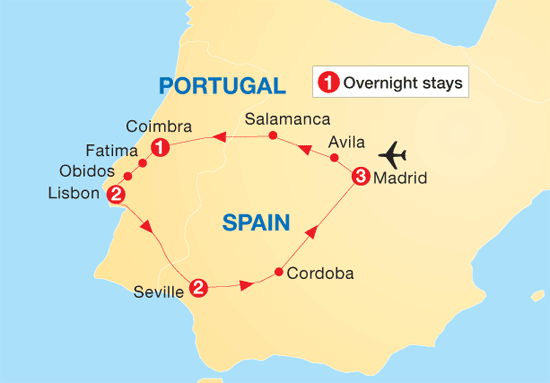 Itinerary of the Lisbon, Seville and Madrid 9 day tour