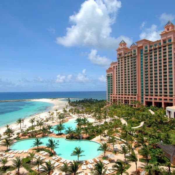View of the swimming pool and The Cove Atlantis on Paradise Island, Bahamas.