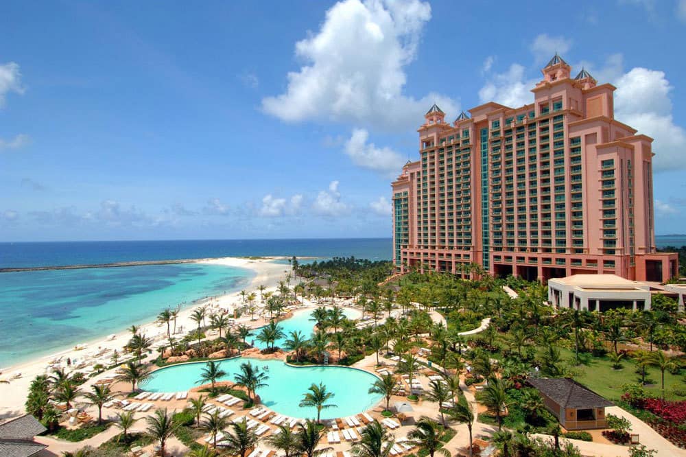 View of the swimming pool and The Cove Atlantis on Paradise Island, Bahamas.