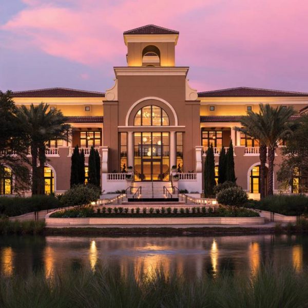 View of the lobby at dusk at Four Seasons Orlando at Walt Disney World Resort in Florida.