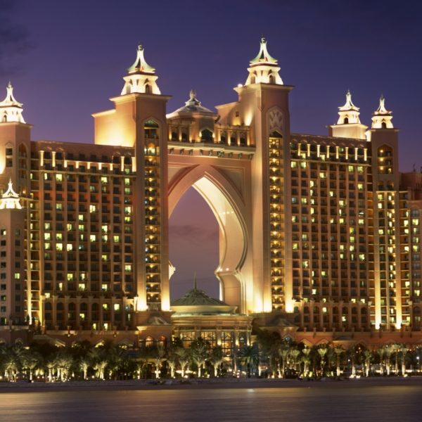 Exterior view of Atlantis The Palm at night in Dubai